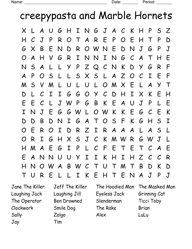 creepypasta and Marble Hornets Word Search
