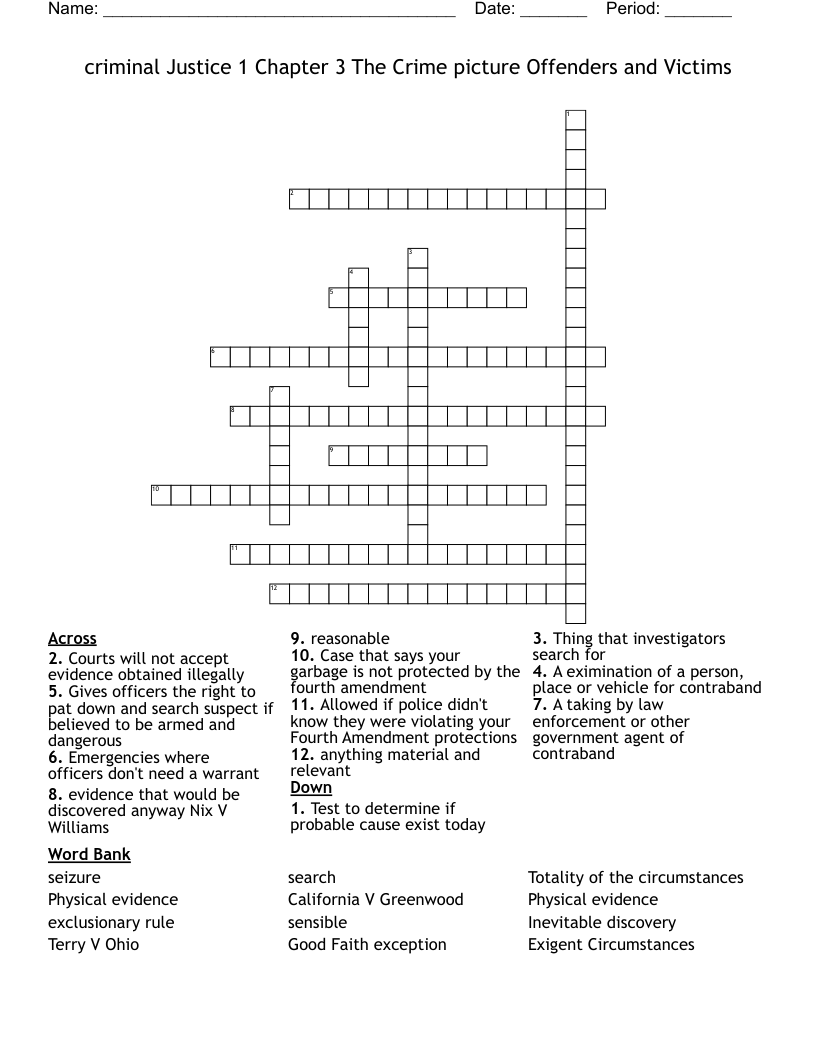 criminal Justice 1 Chapter 3 The Crime picture Offenders and Victims Crossword