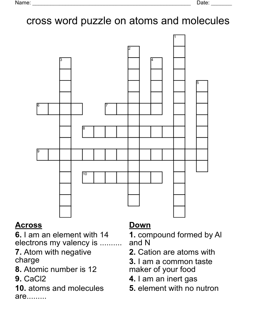 cross word puzzle on atoms and molecules