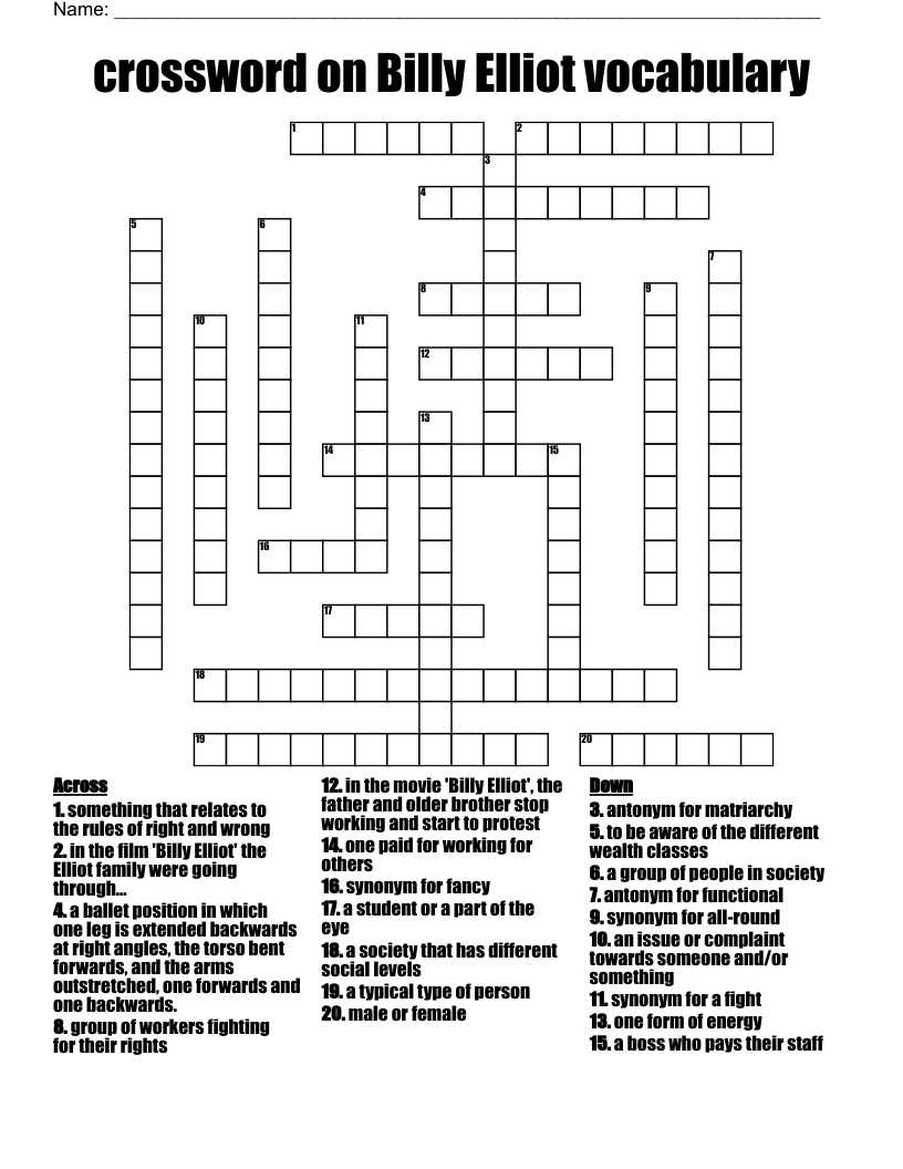 crossword on Billy Elliot vocabulary