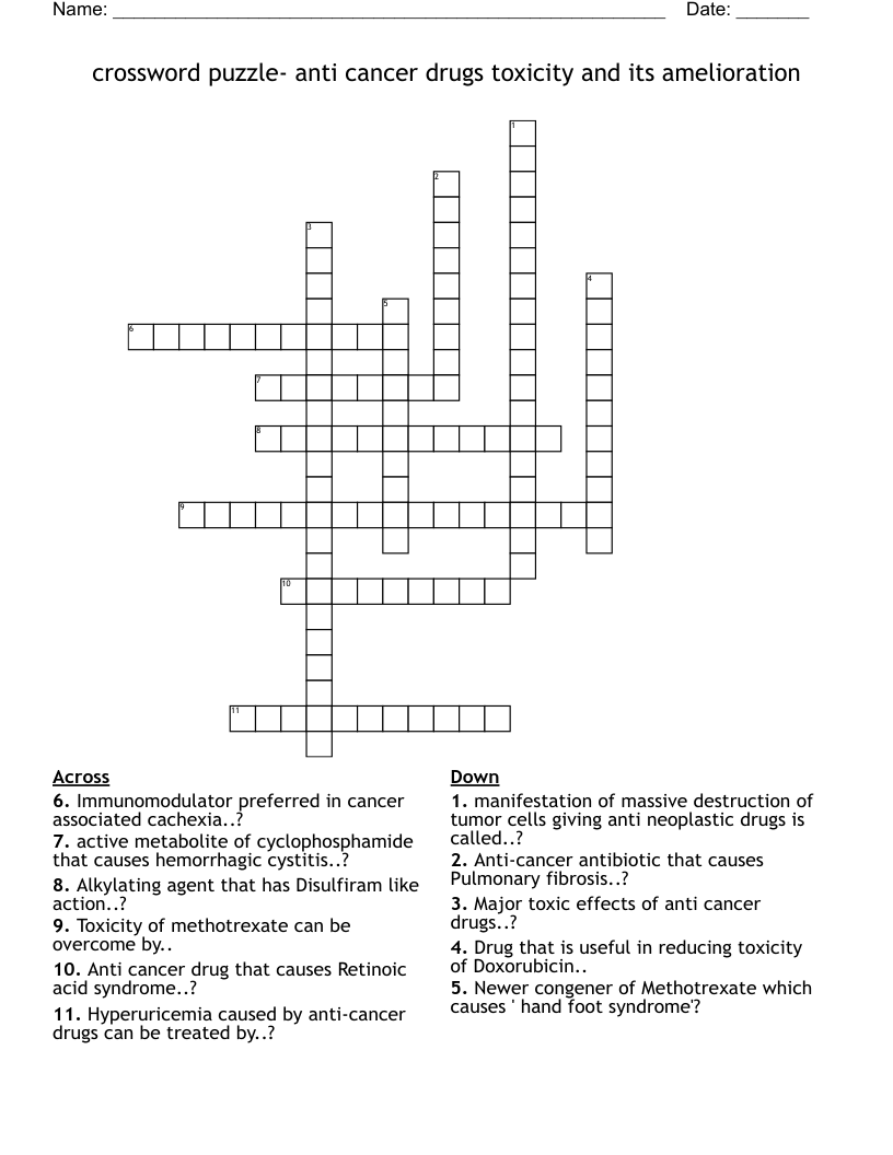 crossword puzzle- anti cancer drugs toxicity and its amelioration