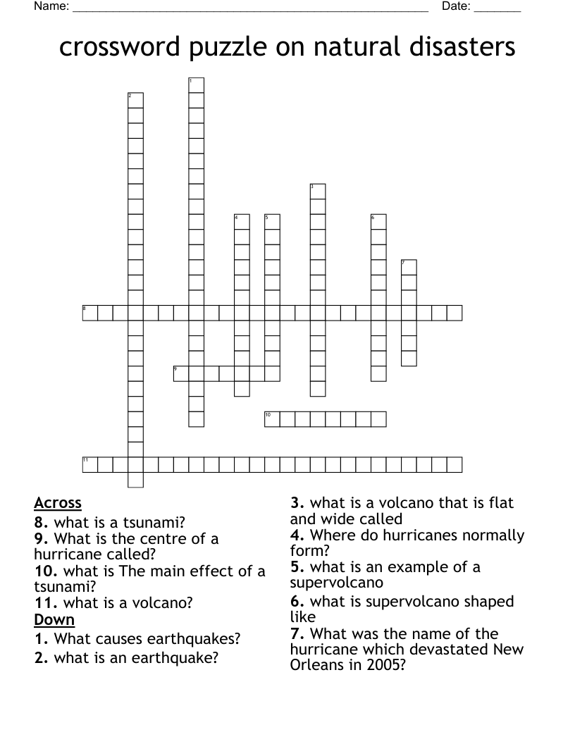 crossword puzzle on natural disasters