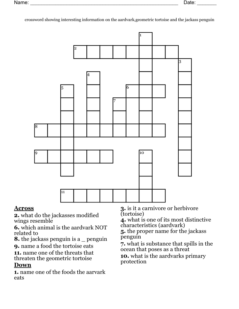 crossword showing interesting information on the aardvark,geometric tortoise and the jackass penguin