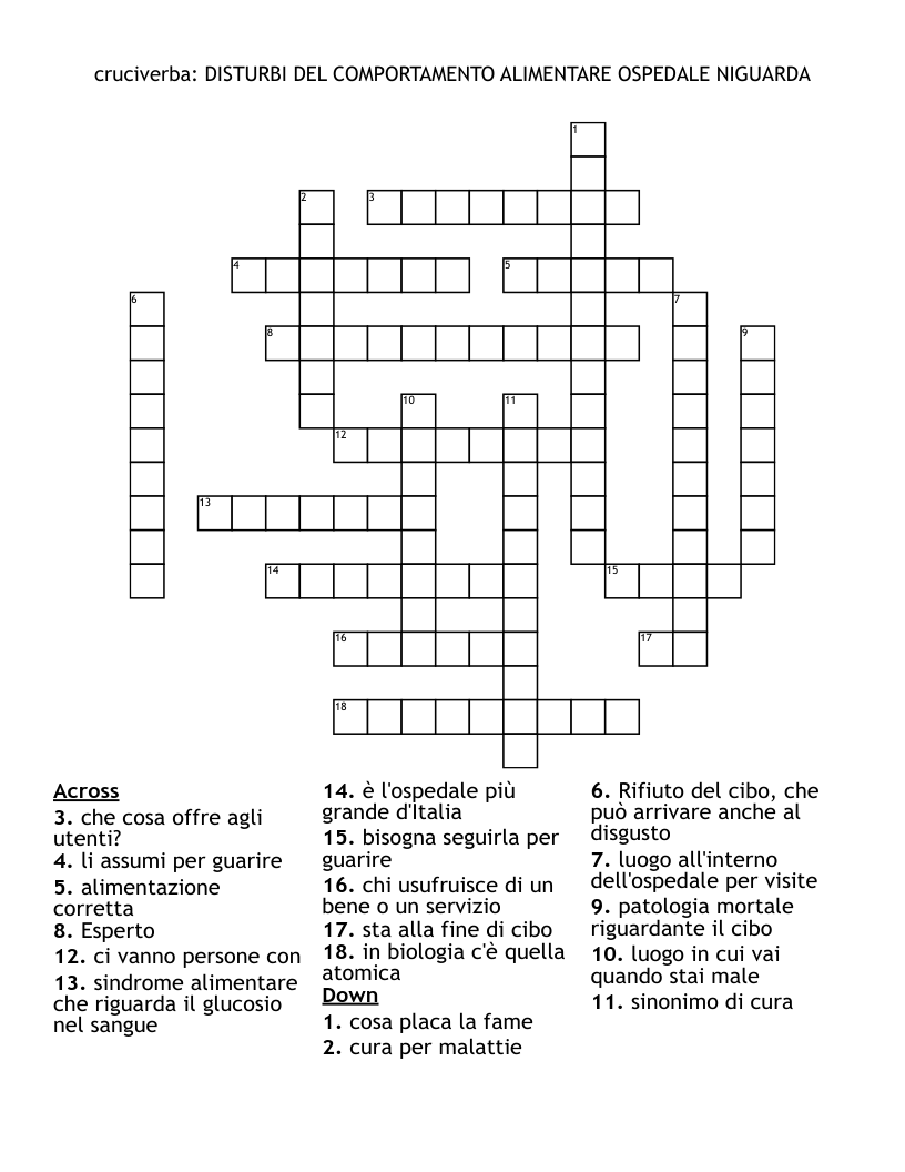 cruciverba: DISTURBI DEL COMPORTAMENTO ALIMENTARE OSPEDALE NIGUARDA Crossword
