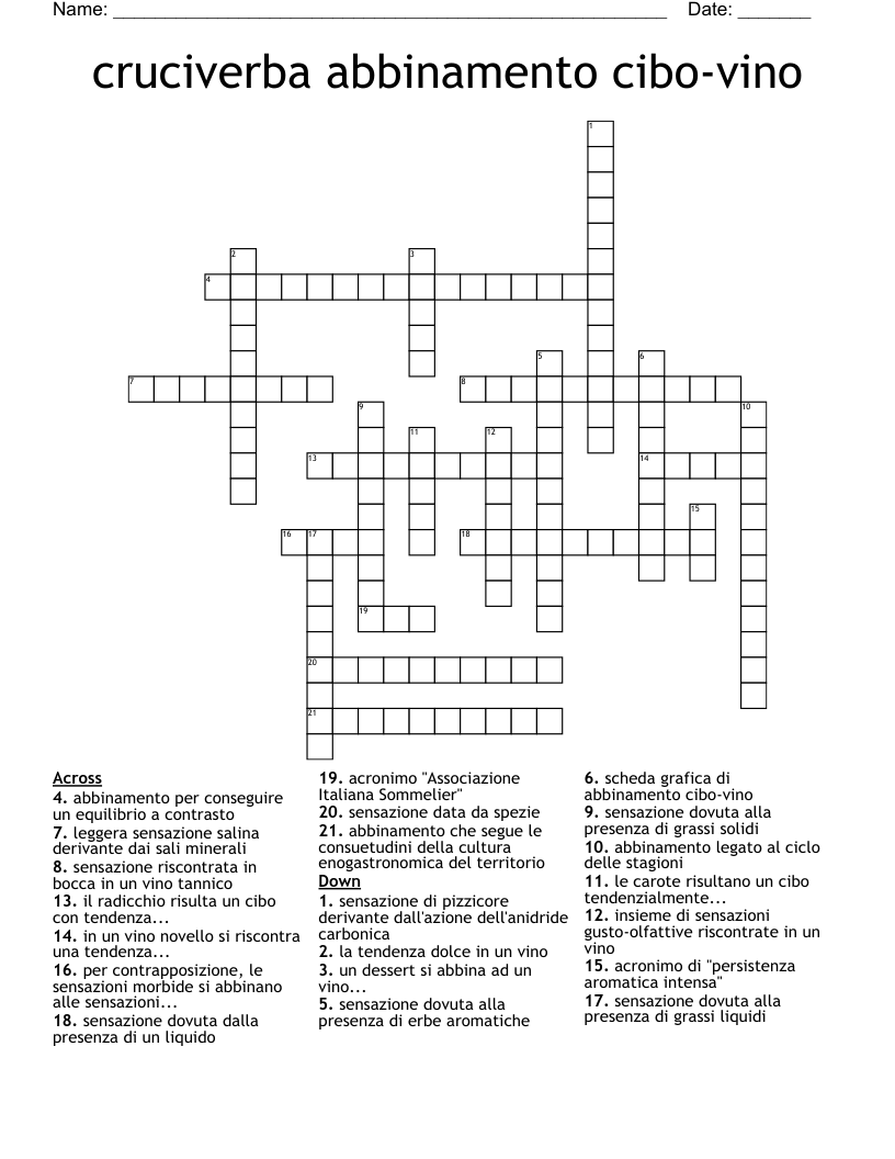 cruciverba abbinamento cibo-vino Crossword