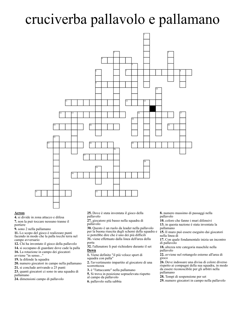cruciverba pallavolo e pallamano Crossword