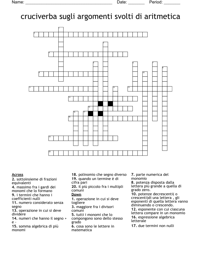 cruciverba sugli argomenti svolti di aritmetica Crossword
