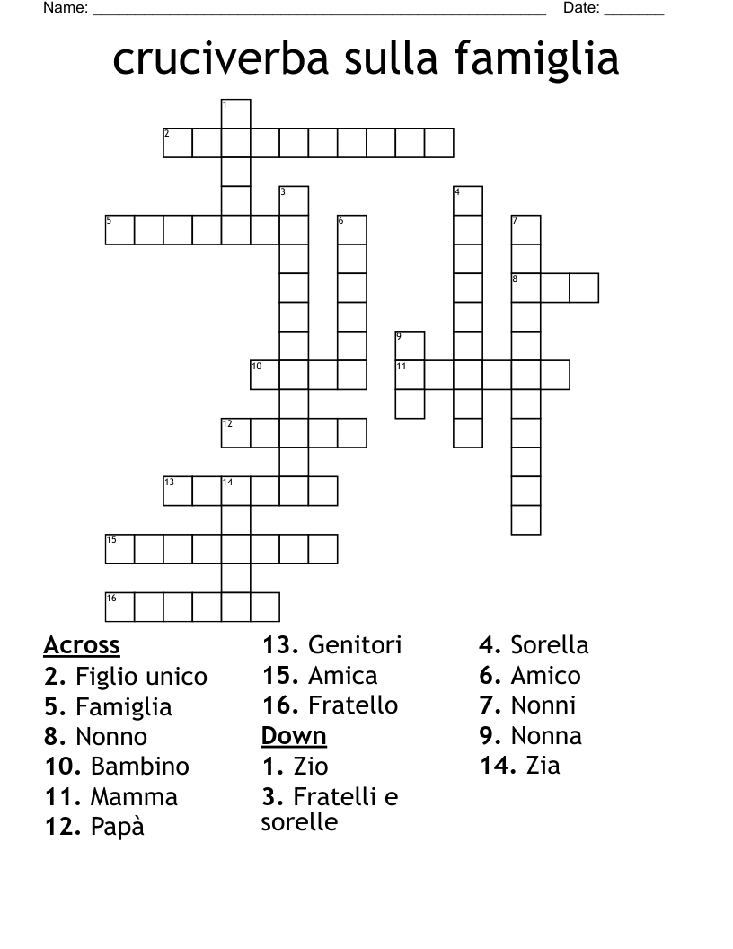 cruciverba sulla famiglia Crossword