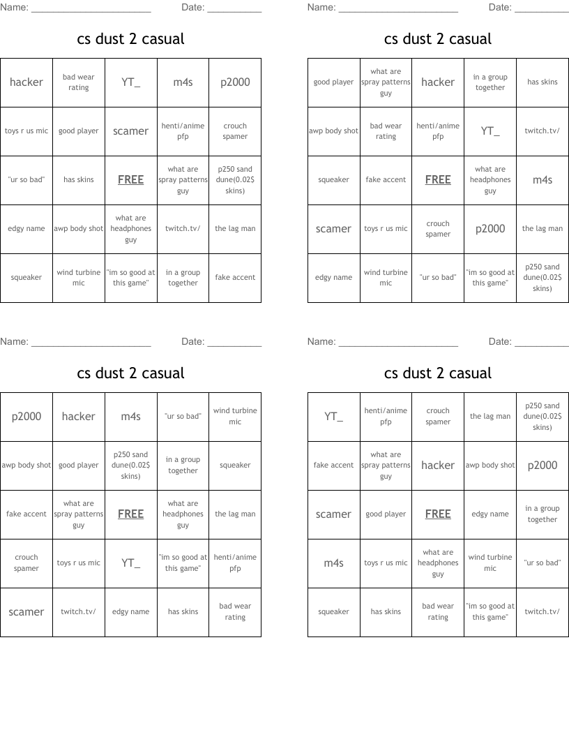 cs dust 2 casual Bingo Cards