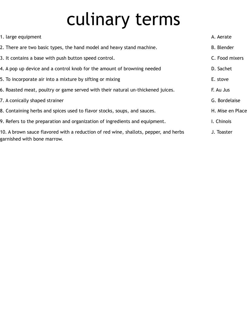 culinary terms Worksheet
