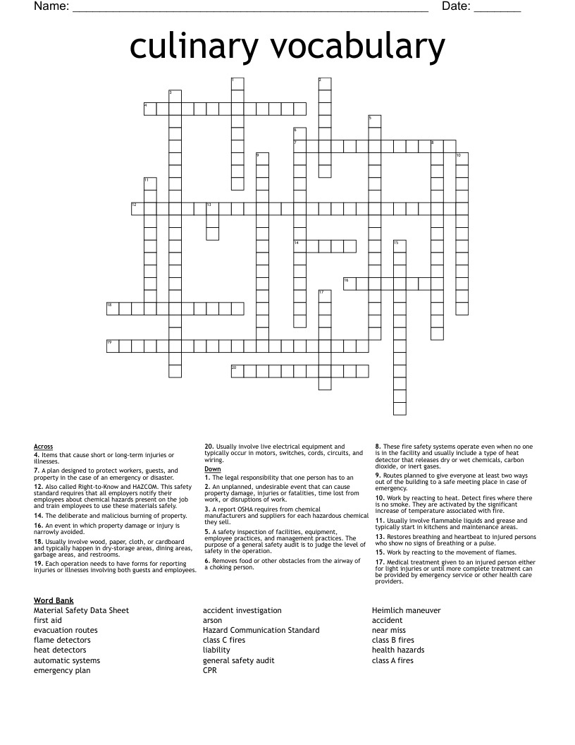 culinary vocabulary Crossword