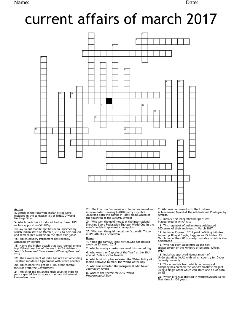 current affairs of march 2017 Crossword