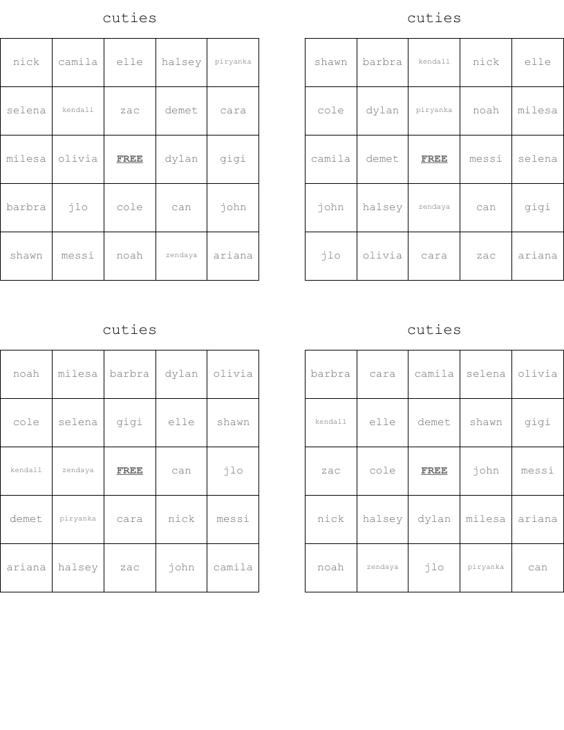 cuties Bingo Cards