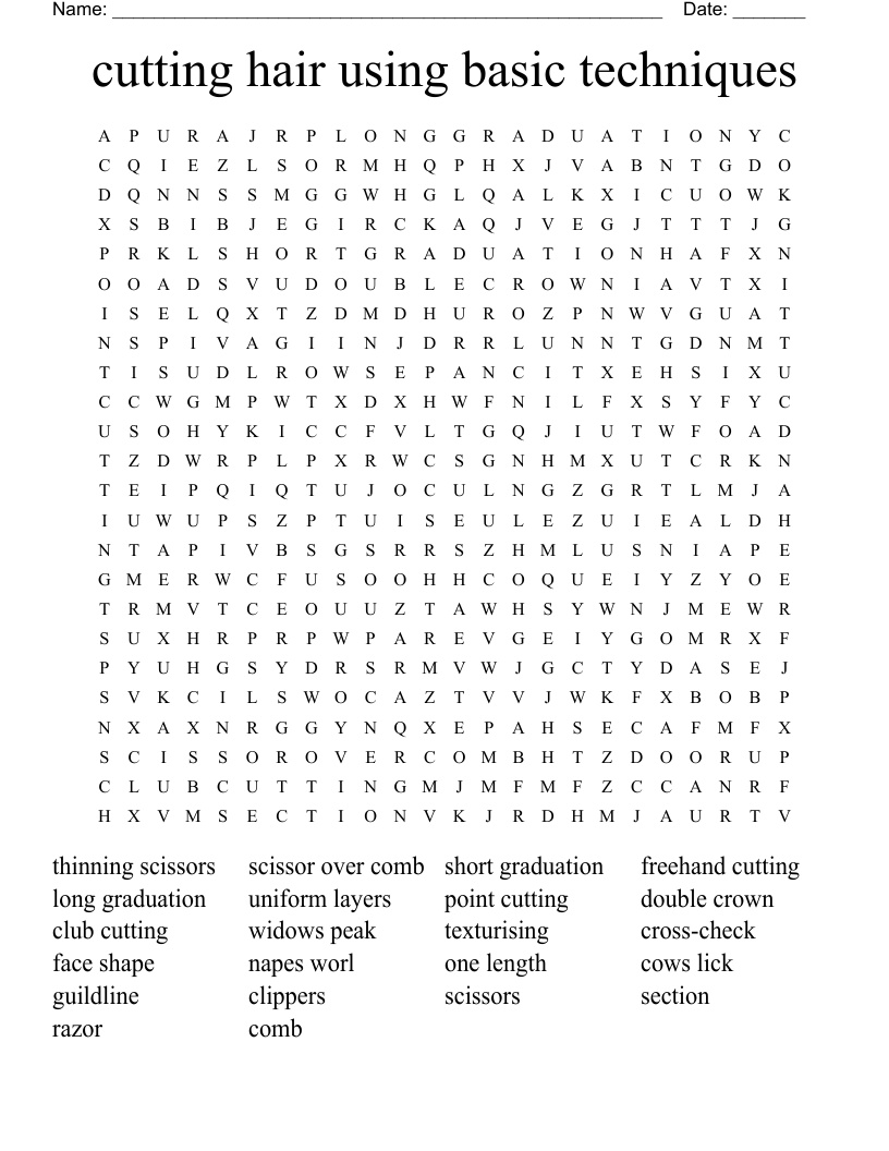 cutting hair using basic techniques Word Search