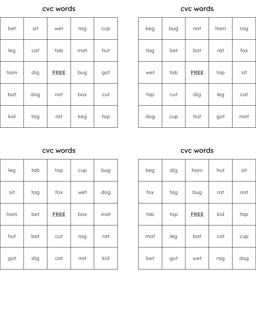 cvc words Bingo Cards