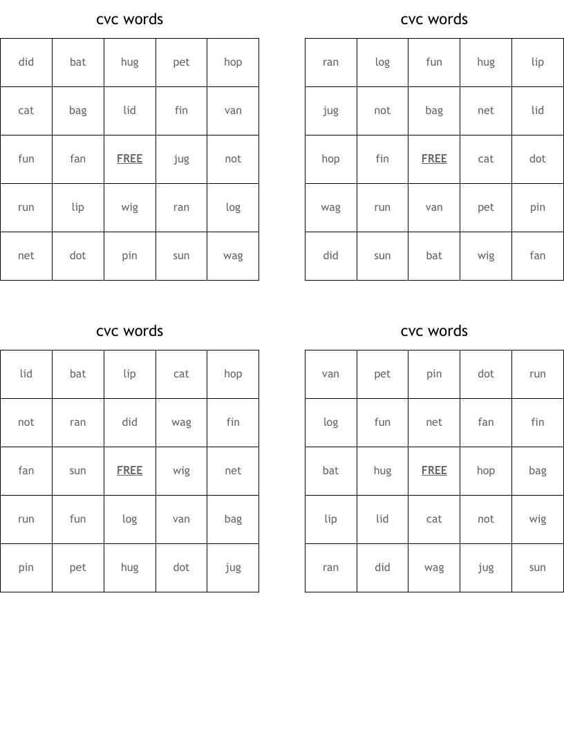 cvc words Bingo Cards