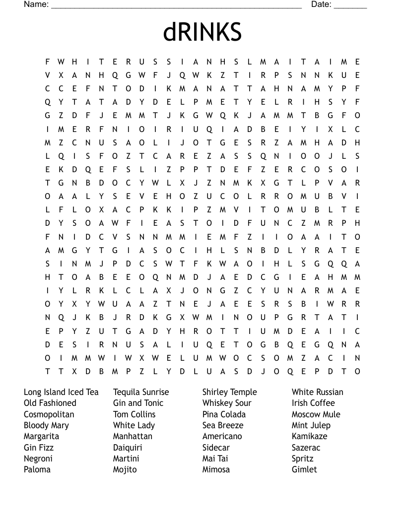 dRINKS Word Search