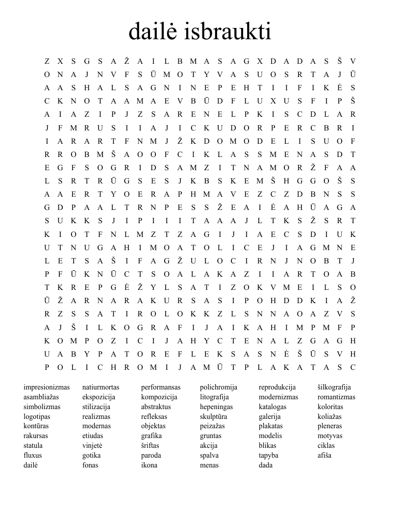 dailė isbraukti Word Search