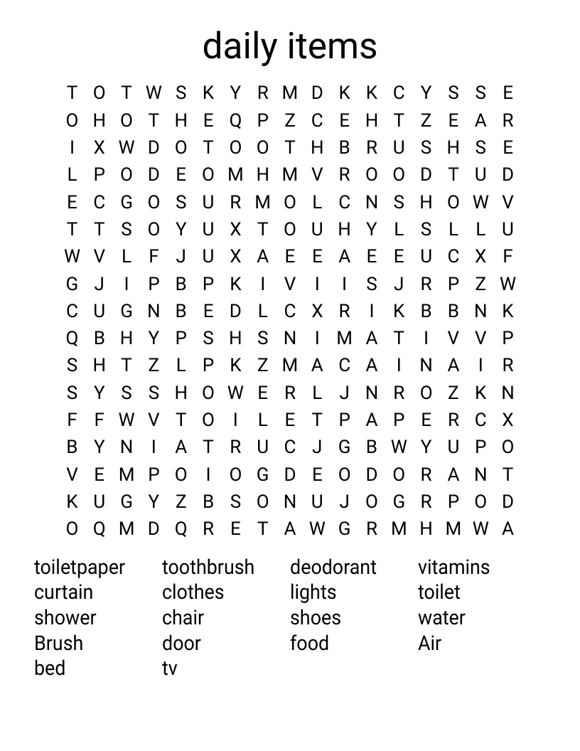 daily items Word Search