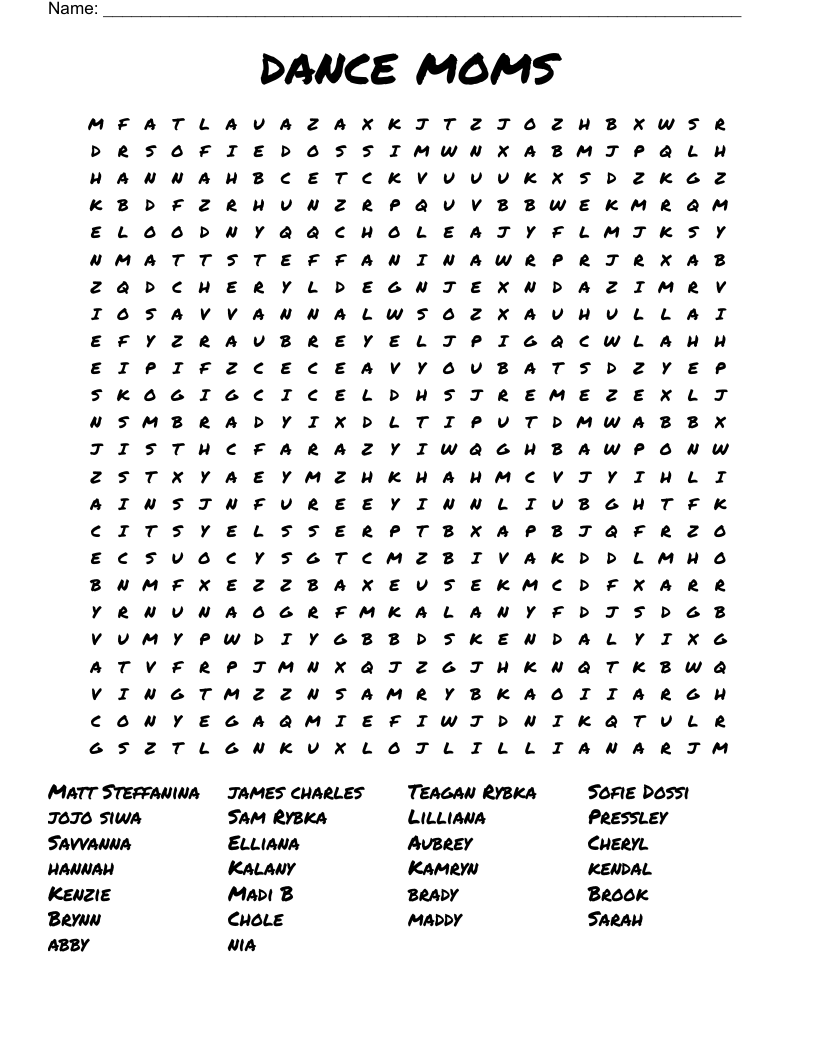 dance moms Word Search