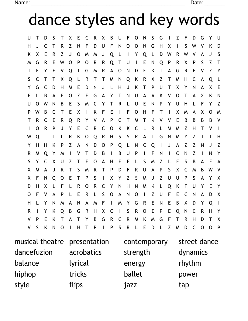 dance styles and key words Word Search