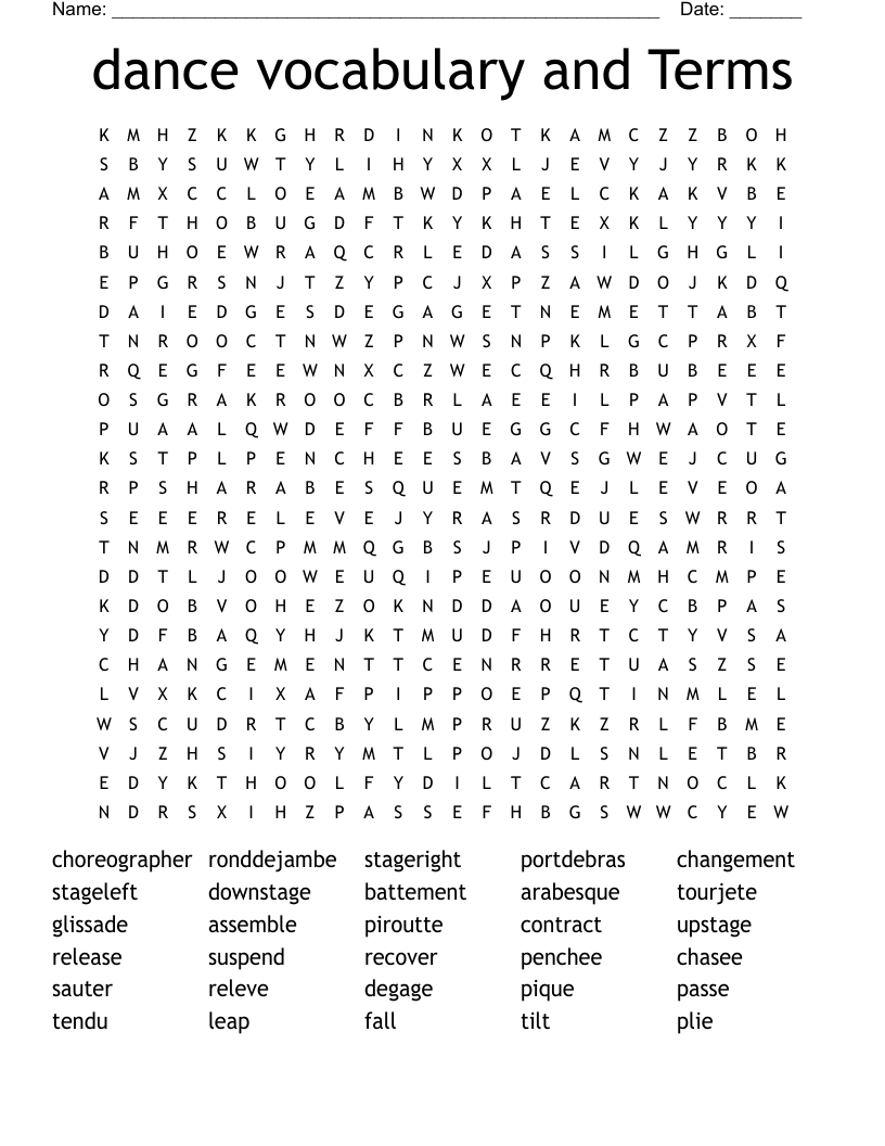 dance vocabulary and Terms Word Search