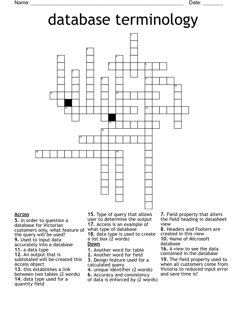 database terminology Crossword