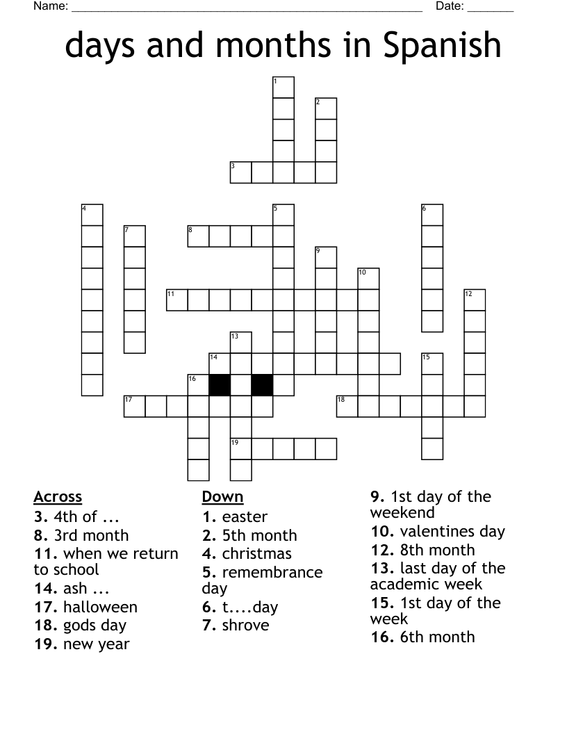 days and months in Spanish Crossword