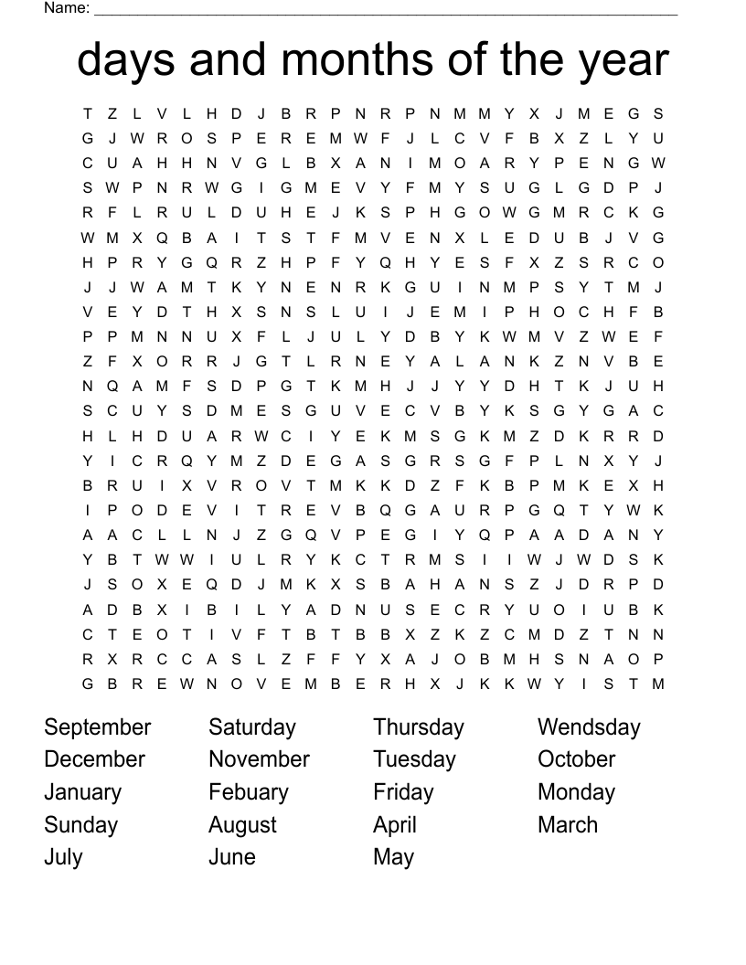 days and months of the year Word Search
