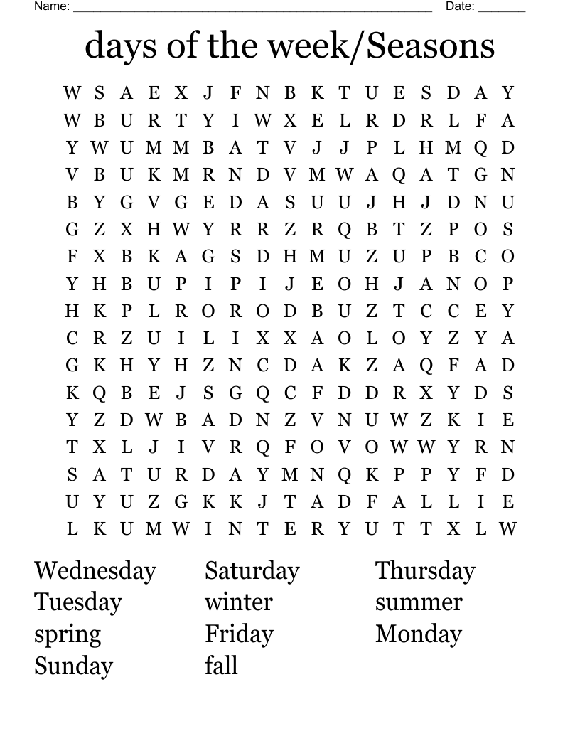 days of the week/Seasons Word Search