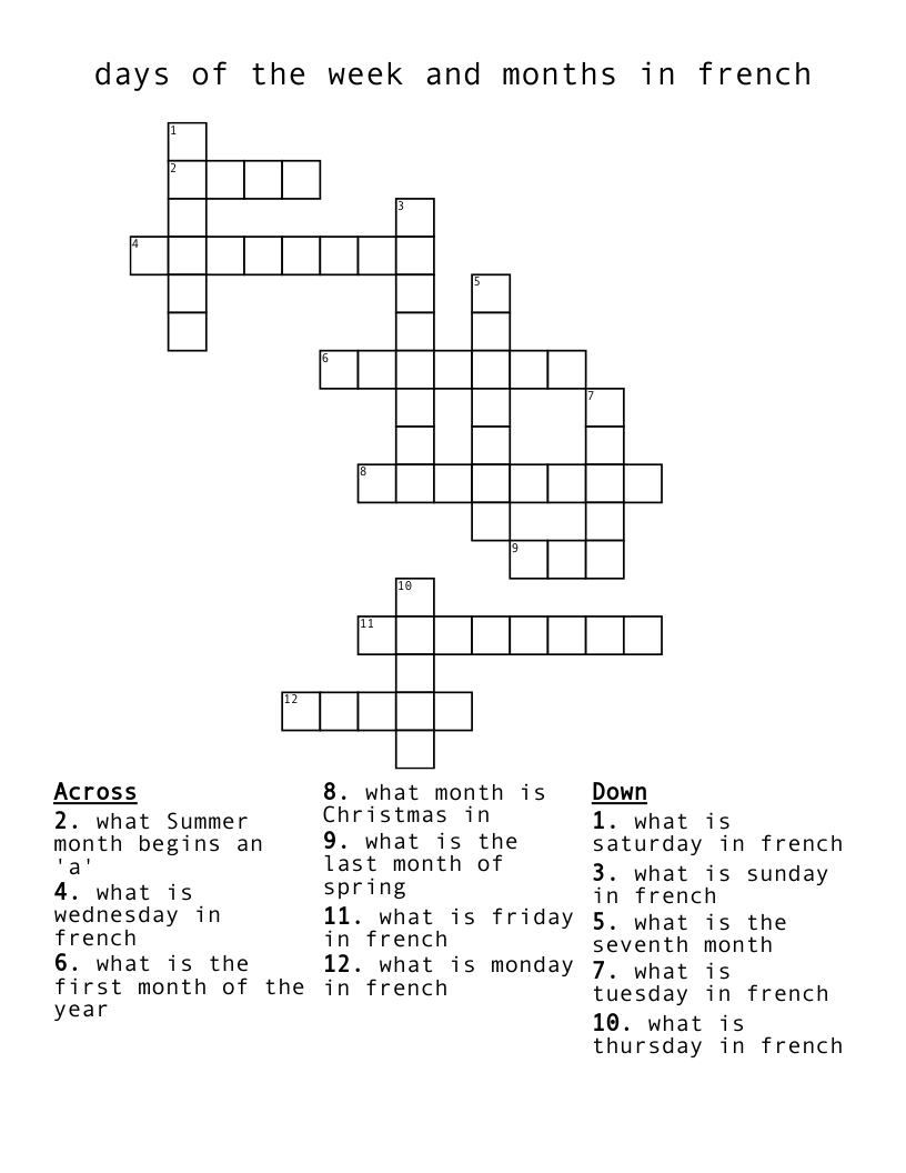 days of the week and months in french Crossword