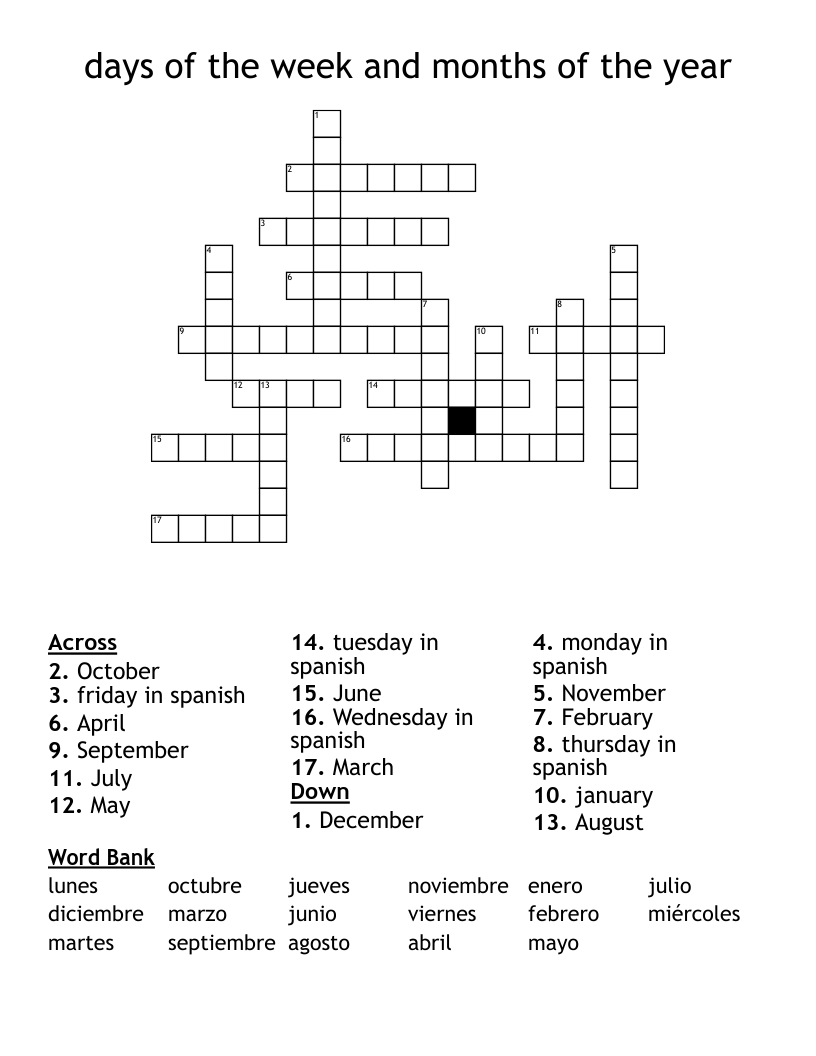 days of the week and months of the year Crossword