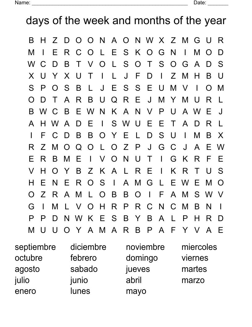 days of the week and months of the year Word Search