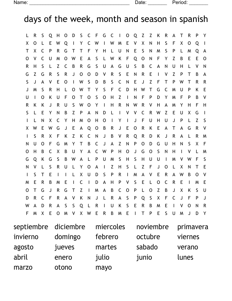 days of the week, month and season in spanish Word Search