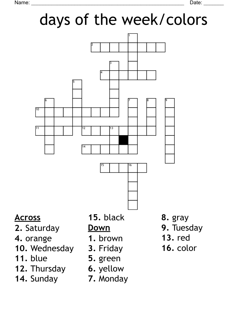 days of the week/colors Crossword