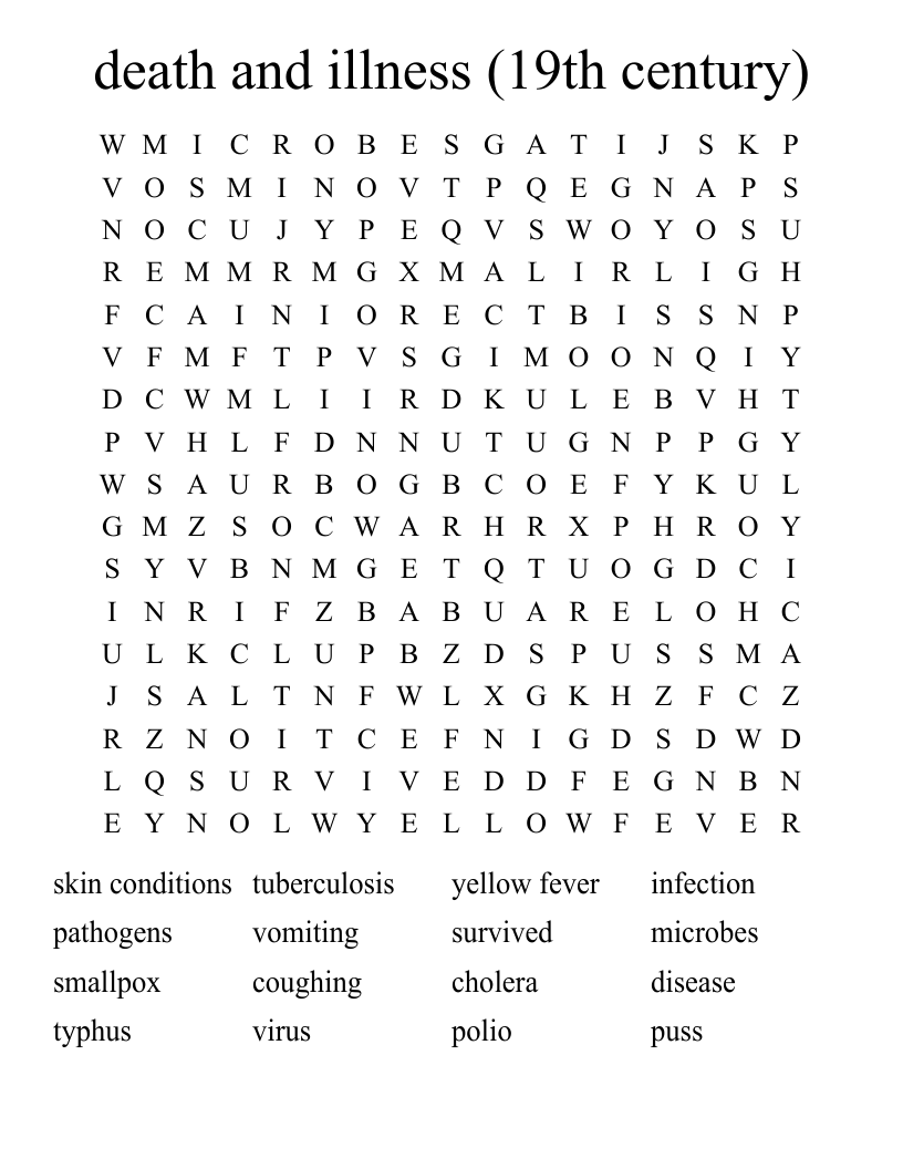 death and illness (19th century) Word Search