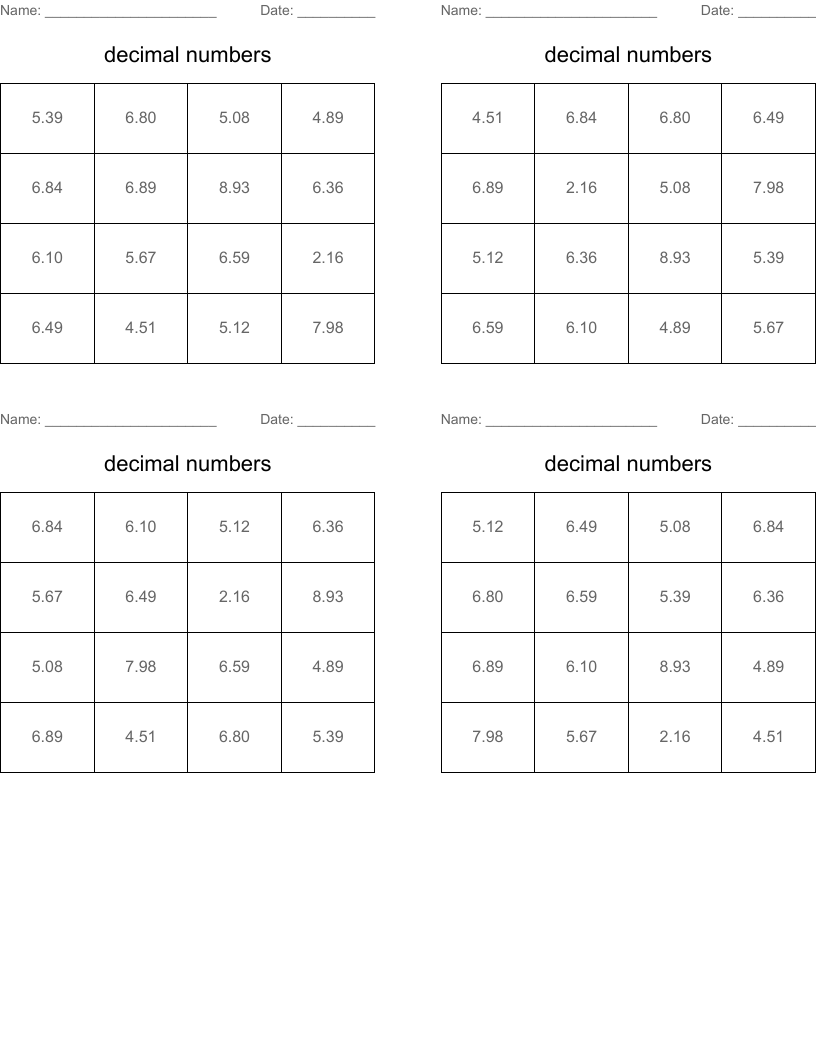 decimal numbers Bingo Cards