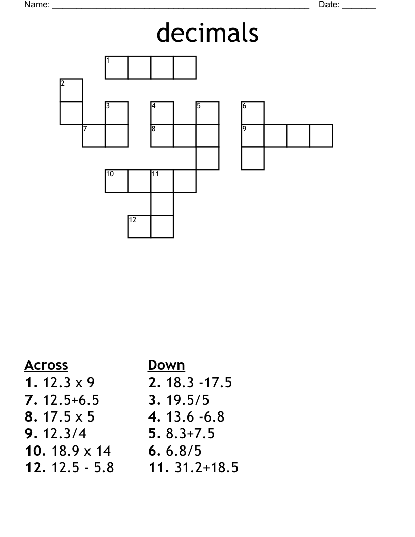 decimals Crossword