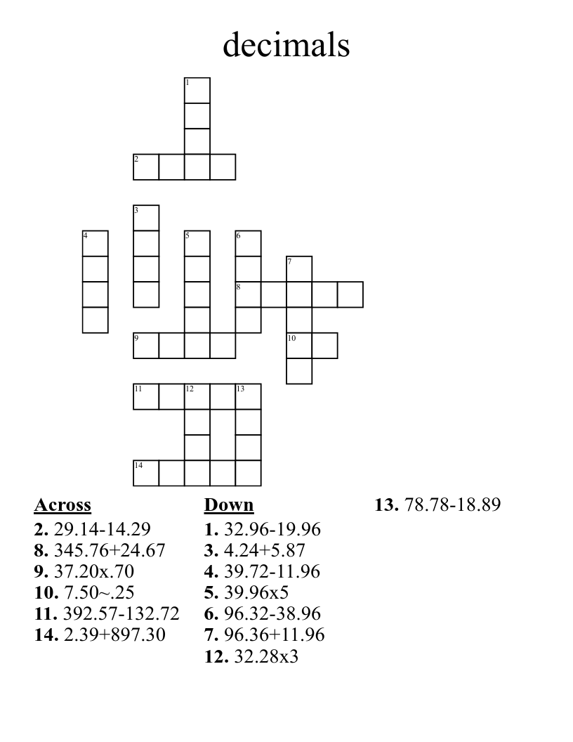 decimals Crossword