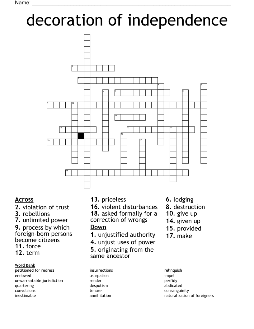 decoration of independence Crossword