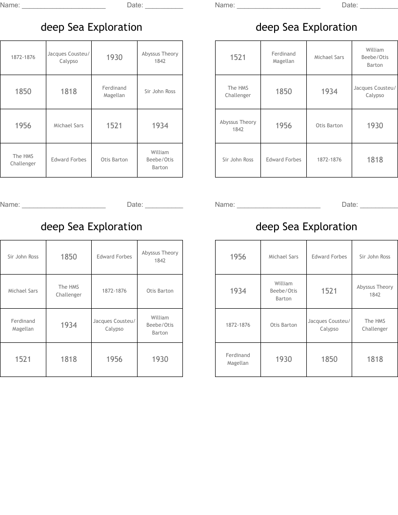 deep Sea Exploration Bingo Cards