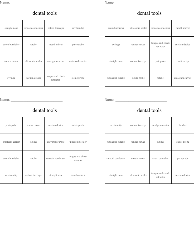 dental tools Bingo Cards