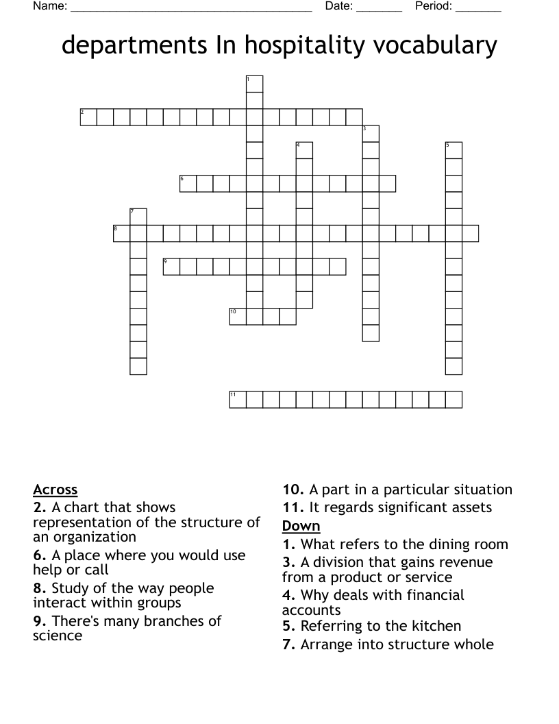 departments In hospitality vocabulary  Crossword