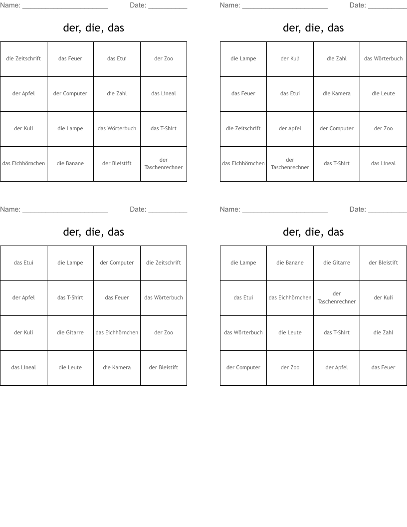 der, die, das Bingo Cards