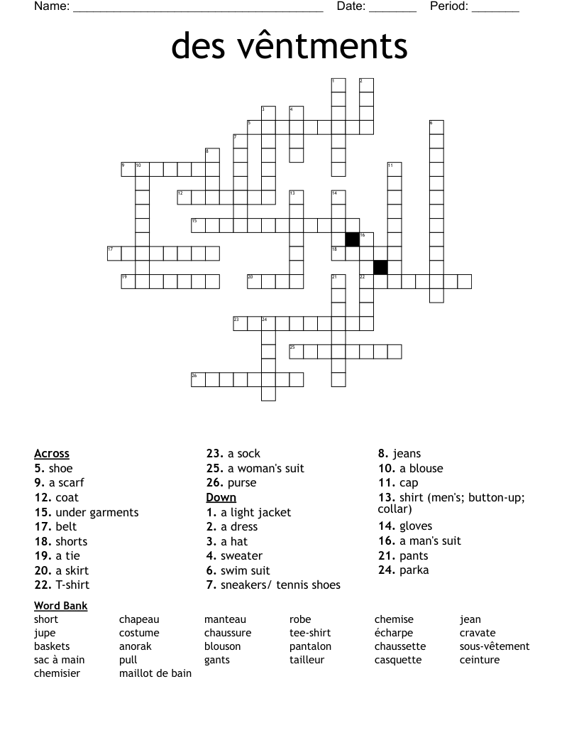 des vêntments Crossword
