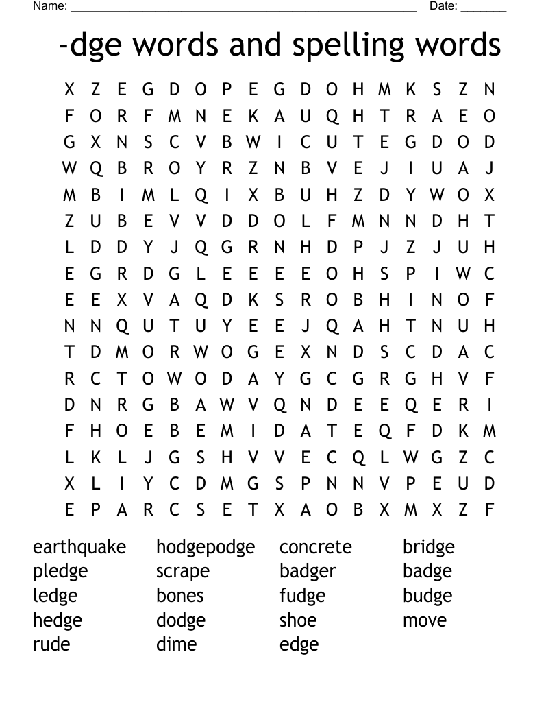 -dge words and spelling words Word Search