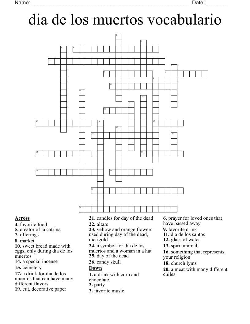 dia de los muertos vocabulario  Crossword