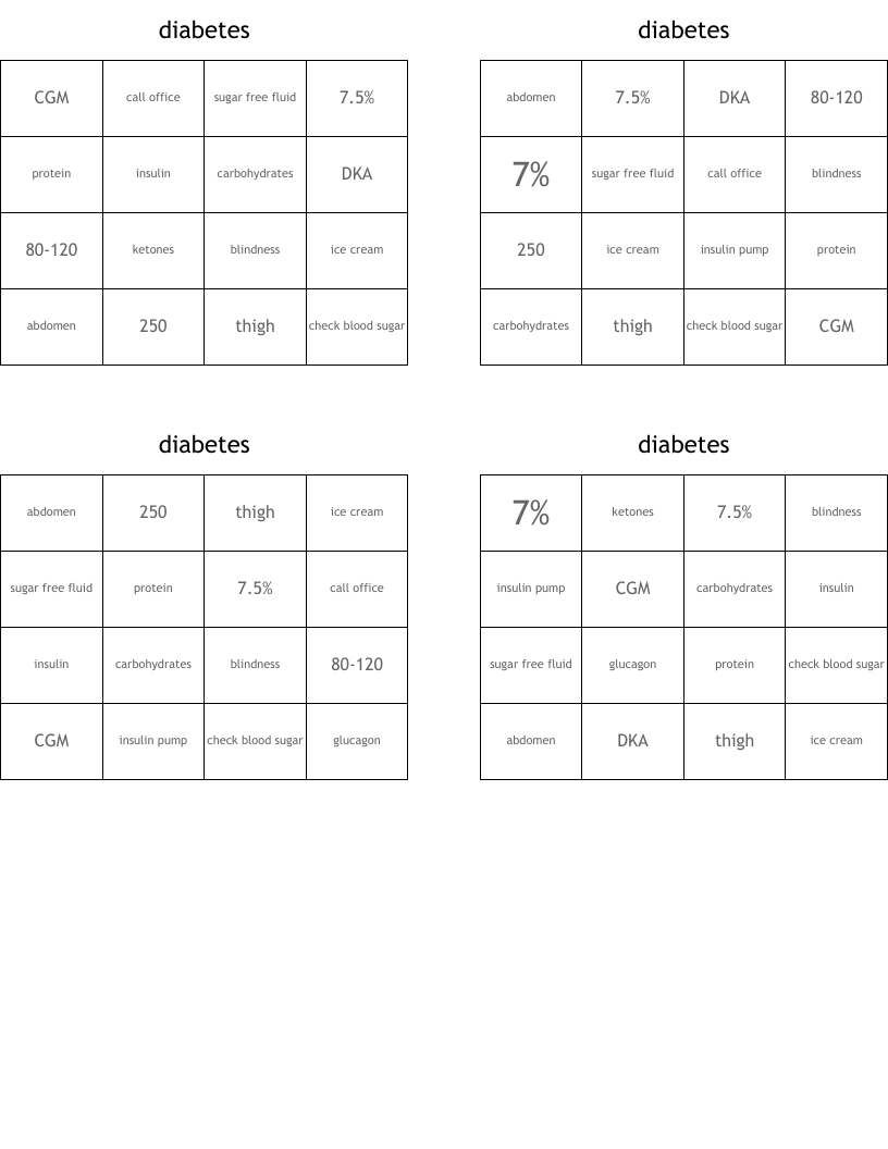 diabetes Bingo Cards