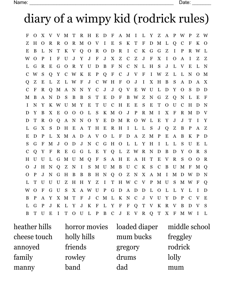 diary of a wimpy kid (rodrick rules) Word Search