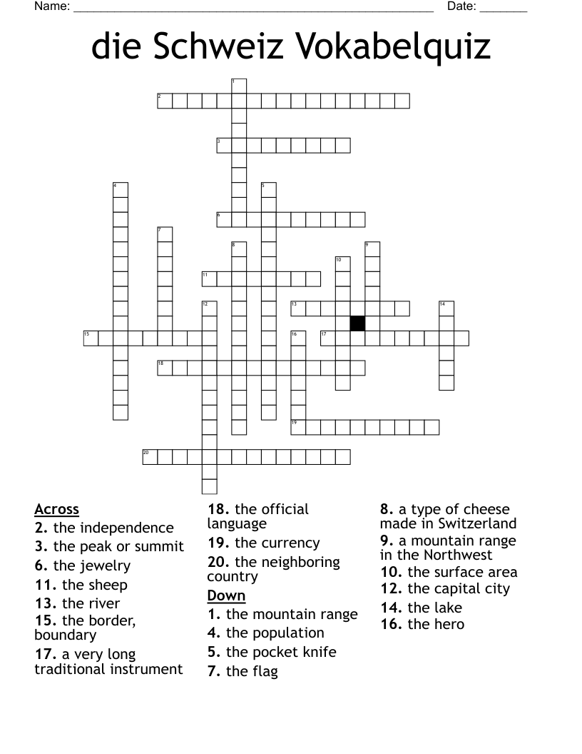die Schweiz Vokabelquiz Crossword
